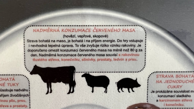 A poster in the waiting room warning that eating too much red meat raises the risk of cancer