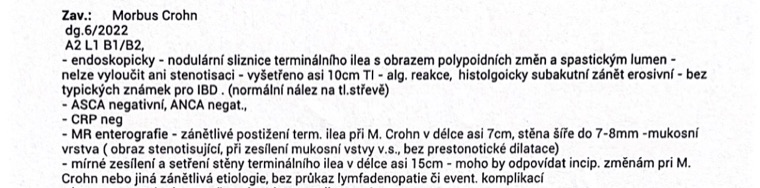 A medical report: Crohn’s disease, diagnosed in June 2022, with findings in the terminal ileum