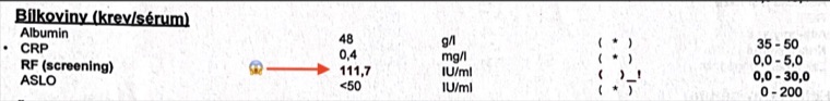 Blood test result: rheumatoid factor at 111.7 IU/ml, against a reference range of 0–30